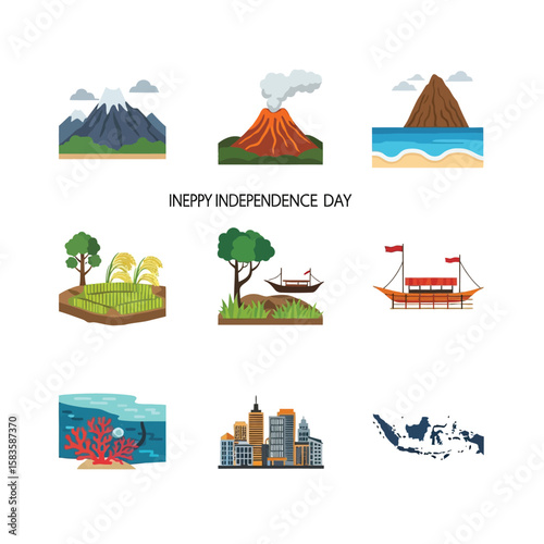 Collection of Indonesian landmarks, including mountains, volcanoes, beaches, rice paddies, ships, coral reefs, and a city, celebrating Independence Day.