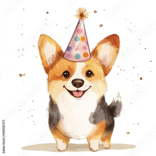 Watercolor Corgi Wearing Party Hat Smiling with Joyful Expression