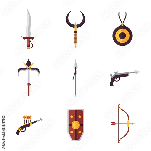Assorted Weapons Collection: A Detailed Illustration of Ancient Swords, Spears, and Protective Gear