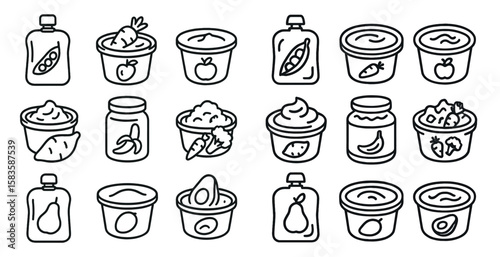 Set of jars and containers with various food items inside. The jars and containers are arranged in a row, with some containing fruits and vegetables, while others contain dips and sauces