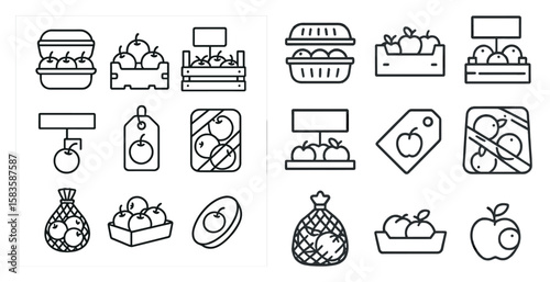 The image is of various fruits and vegetables, including apples, oranges, and bananas. The fruits are displayed in different containers, such as baskets and boxes