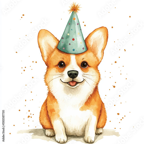 Watercolor Corgi Wearing Party Hat Smiling with Tongue Out Celebrating