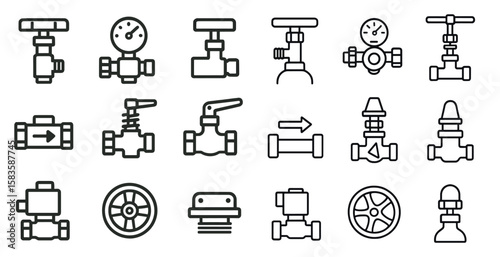 Collection of various types of valves and pipes. The image is a collection of different types of valves and pipes, with some of them being labeled as "pipes"