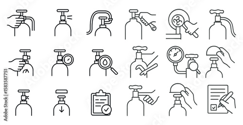 Set of images of people working on a gas tank. The images show people using tools and gauges to check the pressure and temperature of the tank. The mood of the images is serious and focused