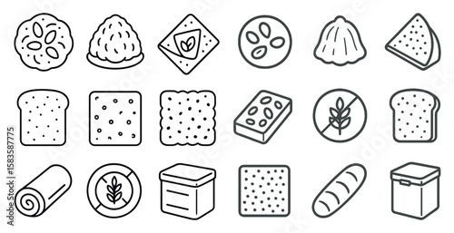 Collection of food items including bread, crackers, and vegetables. Concept of variety and abundance