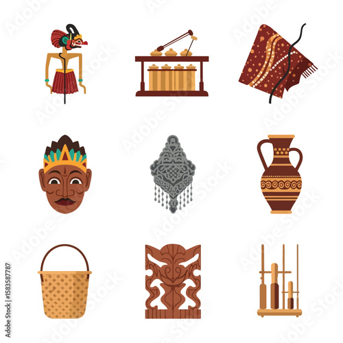 Collection of Indonesian cultural artifacts representing traditions and artistic heritage