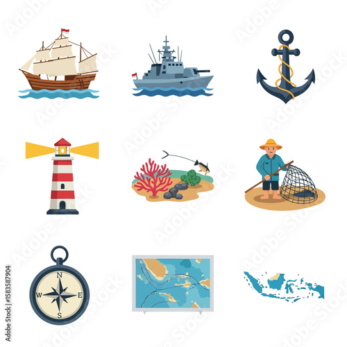 Collection of nautical illustrations featuring ships, fishing, and navigational elements.