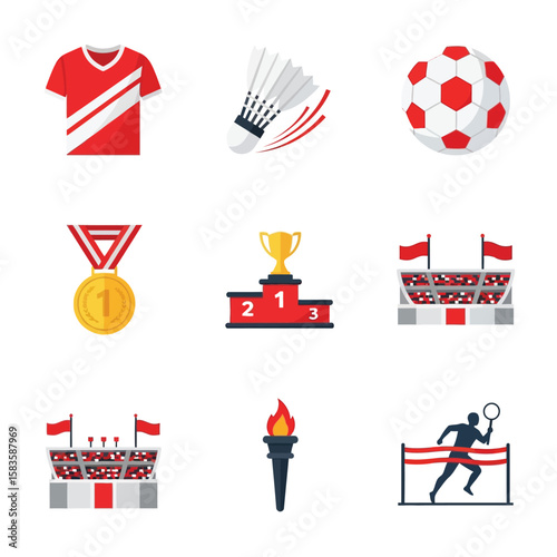 Collection of sport icons including a jersey, shuttlecock, soccer ball, medal, podium, stadium, torch, and badminton player crossing the finish line.