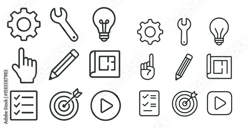 Collection of icons that include a pencil, a wrench, a light bulb, a hand, a paper clip, a book, a clock, a star, a goal, a target, a check mark, a check box, a check mark with