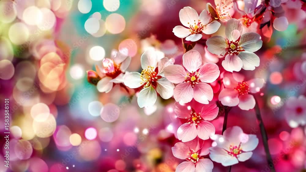 Vibrant cherry blossoms in full bloom against a colorful bokeh background