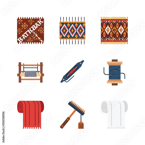 Collection of textile patterns, tools, and materials illustrating craft and design concepts