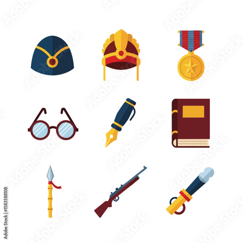 Collection of vintage objects and historical elements presented on a clean white backdrop