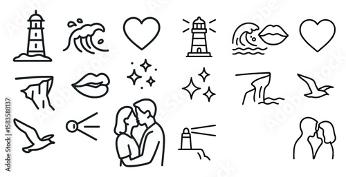 Collection of symbols and drawings, including a heart, a lighthouse, a boat, a bird, and a kiss