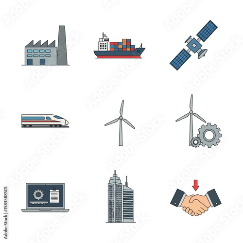 Collection of simple line art icons representing various industrial and technological elements.