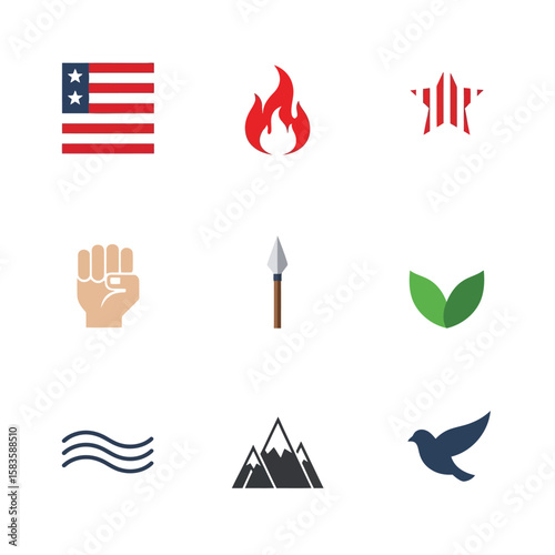 Collection of simple, flat design icons representing American symbols, nature, and social themes.