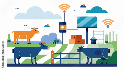 Automated gates and sensors monitor the movements of livestock sending realtime data to the farmers digital tracking system for precise tracking.. Vector illustration