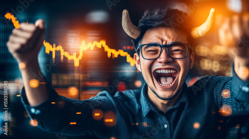 Male trader with bull's horns is happy with a lucrative trade