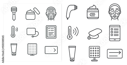 Set of icons for beauty and personal care products. The icons include a toothbrush, a cup, a bottle, a brush, a comb, a mirror, a thermometer, a bottle of lotion, a bottle of shampoo