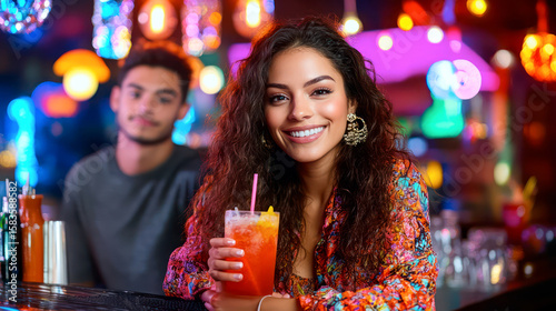 Beautiful woman in a bar. A guy is looking at her. He fell in love