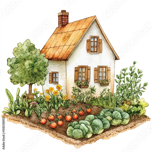 Watercolor Cottage Garden Scene Featuring Tomatoes Cabbage and Yellow Flowers