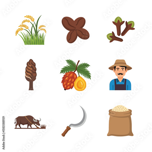 Illustration showcasing diverse agricultural elements including crops, farmer and farm animal,