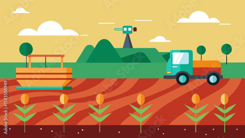 An illustration showing how soil sampling machines can be used in precision agriculture techniques to map soil variability within a field.. Vector illustration