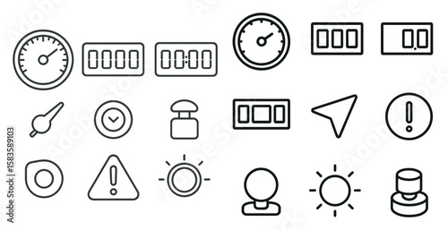 Collection of icons and symbols, including a clock, a speedometer, and a sun. Scene is one of organization and efficiency, with each symbol representing a specific function or piece of information