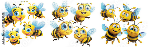 Group of cute cartoon bees flying and buzzing around isolated on transparent background