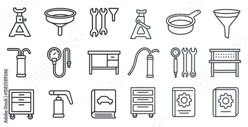 Set of tools and equipment for a mechanic shop. The tools include wrenches, sockets, and a jack. The shop also has a desk, a book, and a bench