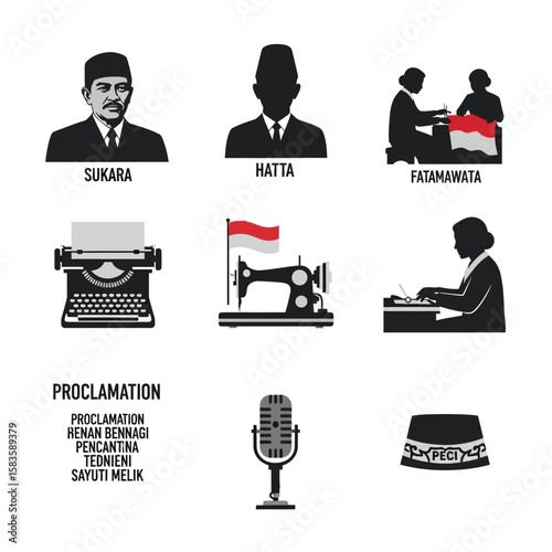 Indonesian Independence Day Icons Illustrating Historical Figures, Proclamation, and Symbols