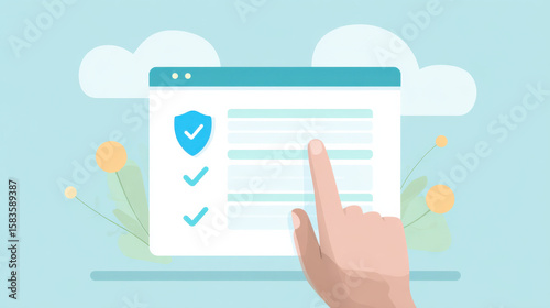 User friendly checklist with security shield and hand pointing on task completion in clean interface design