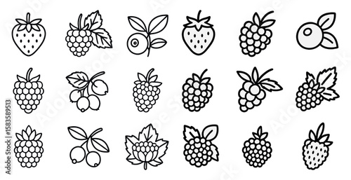 Collection of fruit icons, including strawberries, raspberries, blueberries, and blackberries