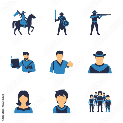 Stylized icon set depicting diverse figures including warriors, readers, and modern individuals