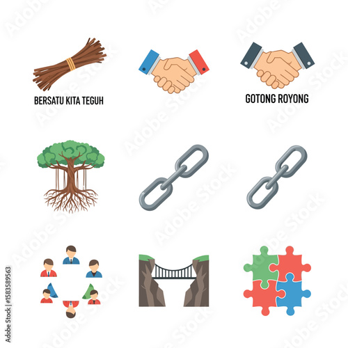 Symbolic representation of teamwork, unity, cooperation, and collaboration in a graphic layout