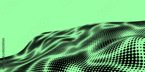 Electric neon waves filling the ether. Shimmering dots forming a pattern of smooth lines, bumps and depressions. Acid vector background for music album.
