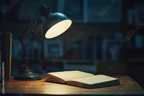 A cozy reading nook with an open book illuminated by a desk lamp in a quiet study at night