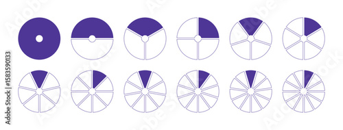 Set of circles divided diagrams 1, 2, 3, 10, 7, 8, 9, 10, 11, 12 equal parts. Lilac graph pie, pizza shape section charts icons. Coaching blank templates. Segments wheel round divide infographic.