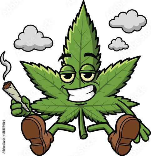 Happy Green Cannabis Leaf Cartoon Character Smoking Joint with Relaxed Expression and Floating Clouds - A Fun Marijuana Lifestyle Concept