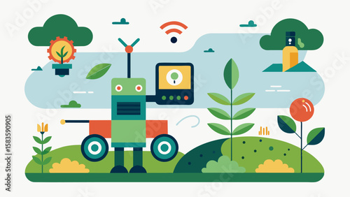 An AIpowered platform monitors crop growth and assigns tasks to autonomous farming robots for efficient harvesting and pest control.. Vector illustration