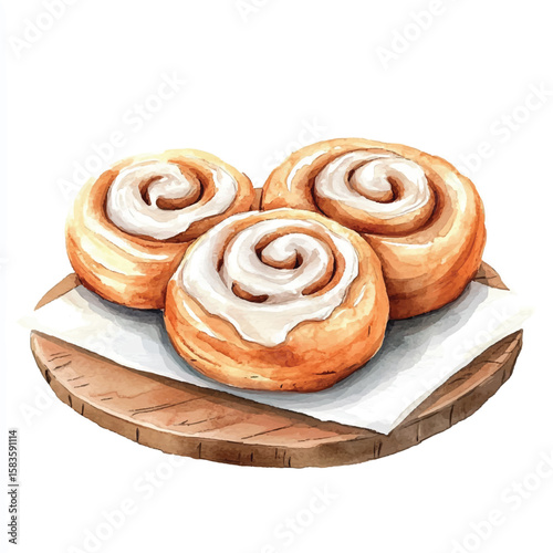 Watercolor depiction of three frosted cinnamon rolls on a wooden serving board