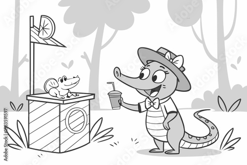 Whimsical cartoon drawing of a lemonade stand with playful details — perfect for children's activity books, coloring pages, or summer-themed designs.