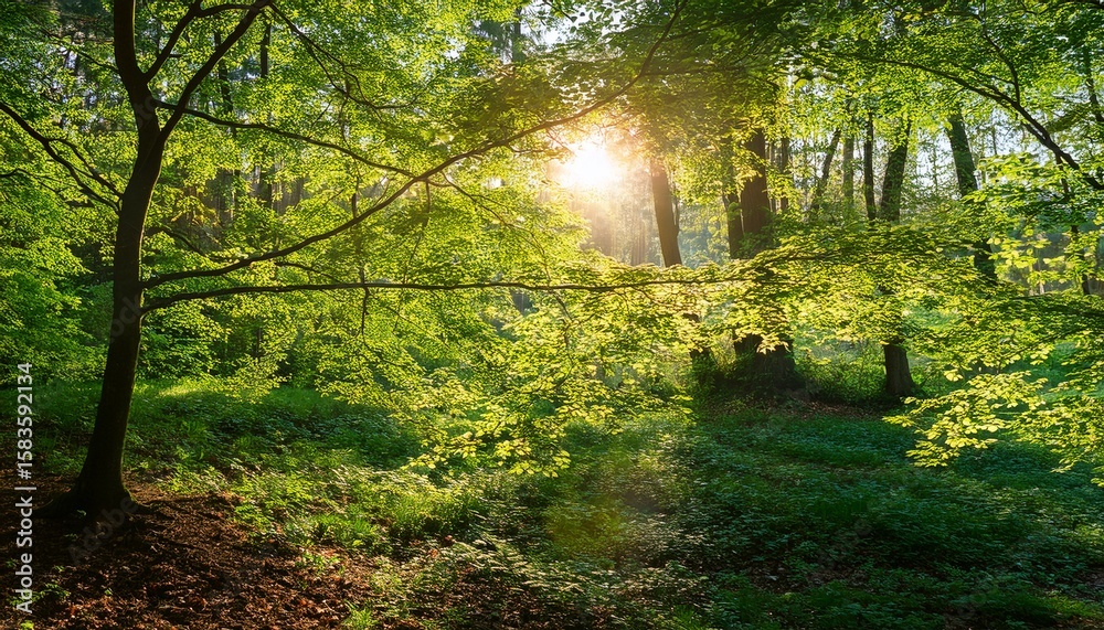 Obraz premium fresh green leaves with sunlight shining through branches in peaceful forest scene