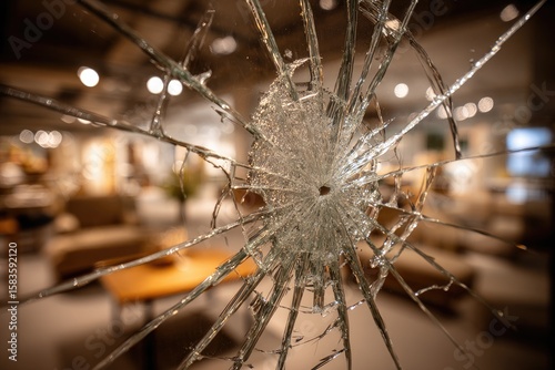 Shattered glass, bullet hole, interior view