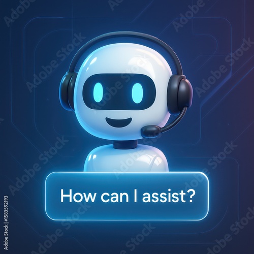 A futuristic bot assistant ready to assist you with any questions or requests, showing its digital head and speaking through the headset. customer support service