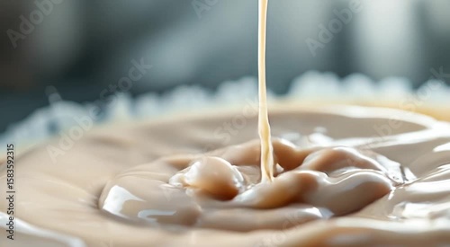 Pouring Creamy Liquid Creating Splashes In Macro Shot Food And Drink Theme