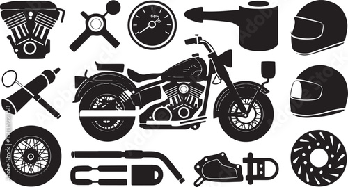 Motorcycle Parts and Accessories Silhouette Collection A Detailed Vector Illustration for Automotive Enthusiasts and Designers