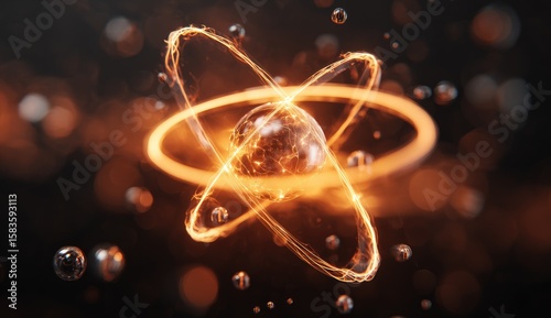 Atomic energy, glowing orb, swirling rings