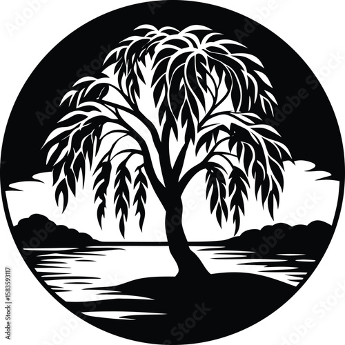 Willow tree by the lake silhouette 