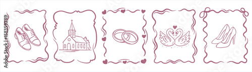 Delicate wedding doodles framed in hearts: chapel, church, shoes, rings, swans. Elegant and hand drawn for romantic themes, stationery, or wedding decor designs