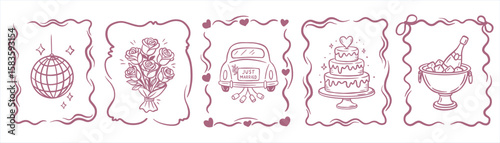 Romantic hand-drawn wedding icons in pink decorative frames: cake, bouquet, champagne, car, disco ball, and more. Perfect for invitations, branding, or celebration designs.